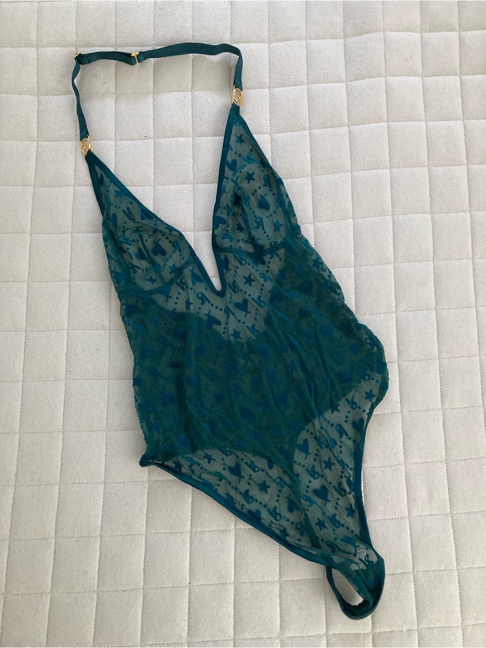 Victoria's Secret Women’s Teal Mesh Velvet Bodysuit with Star & Heart Motif